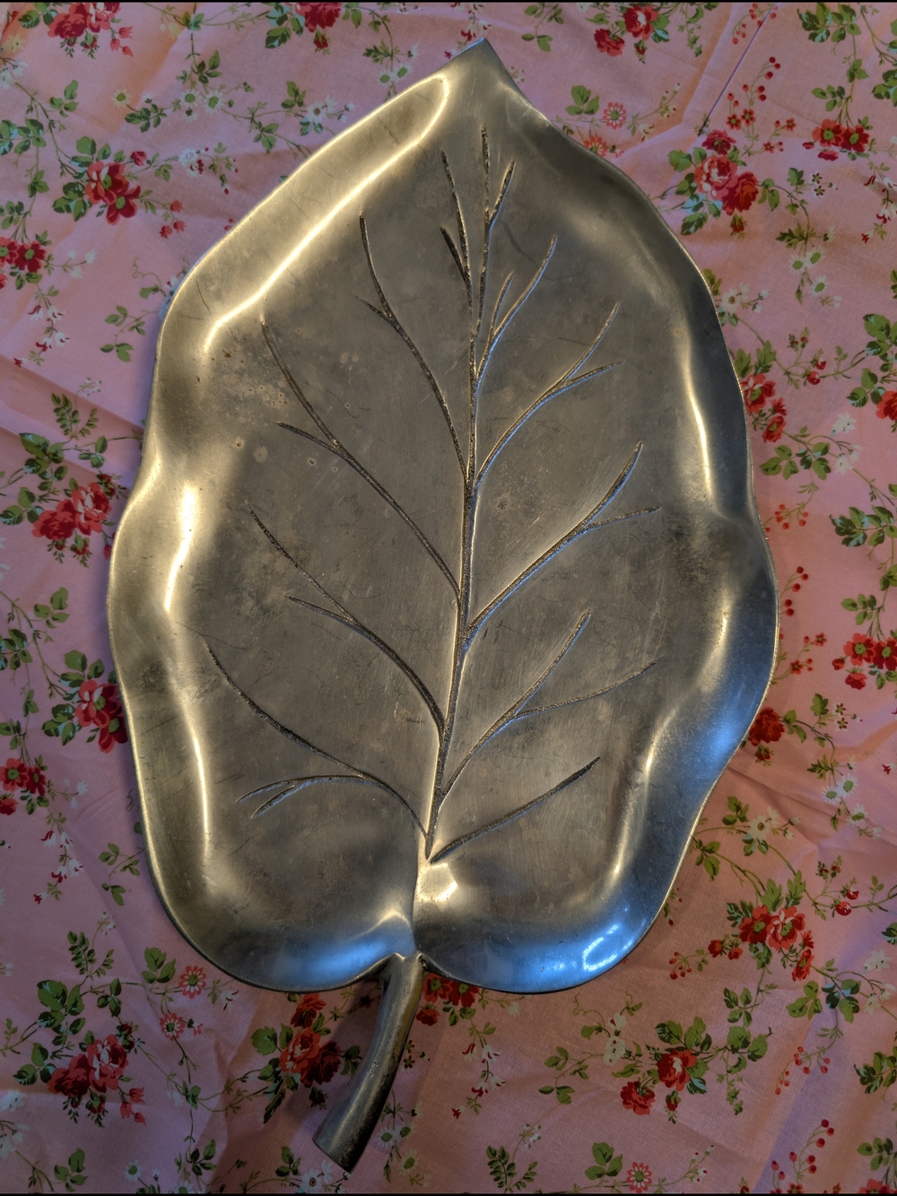 Leaf-Shaped Metal Serving Tray - Silver Tone Footed 17" Made In India